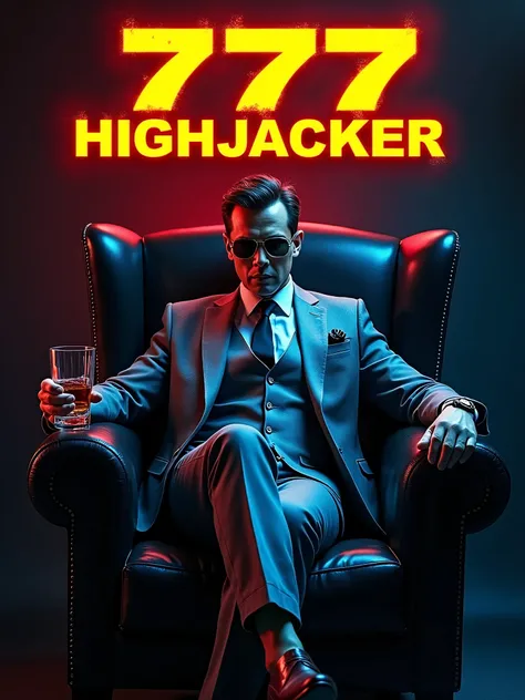 The image is a promotional poster for a movie called 777 Highjecker ..The poster features a man sitting on a Black leather armchair with a glass of whiskey in his hand. He is wearing a grey suit and sunglasses . The background is dark and there are colors ...