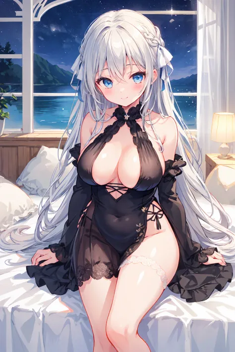  best quality, マスターmasterpiece，It's like an illustration 、 1 girl ， gray hair ， very long hair、 high resolution，daughter，Grey long hair， very long hair，bangs，Clear blue eyes， white skin， bedroom， Pelvic Curtain ,Remove Sleeves ,White sleeves, Long Sleeve,C...