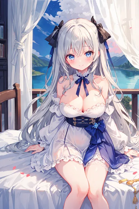  best quality, マスターmasterpiece，It's like an illustration 、 1 girl ， gray hair ， very long hair、 high resolution，daughter，Grey long hair， very long hair，bangs，Clear blue eyes， white skin， bedroom， Pelvic Curtain ,Remove Sleeves ,White sleeves, Long Sleeve,C...