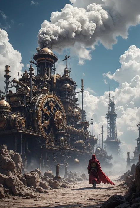 (Fantasy steampunk, a flashy, cool, gorgeous, magical steam engine, horizontal scene of a knight wearing a hood walking in an industrial area of a city)( big city lots of rebar、steel frame、Steel tower  、brass、gear、 )Distant landscape photo   、 Beautiful bl...