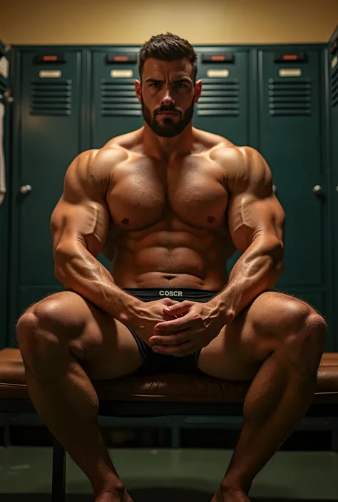 A male athlete in locker room with just a jockstrap. Sitting on a bench man spreading with bulge clearly visible. Great lighting not too dark