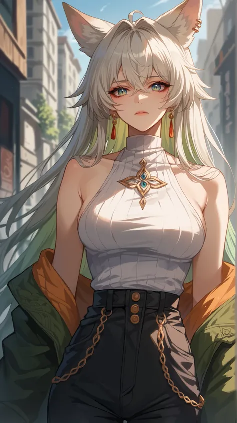 Feixiao style,  perfect eyes,  perfectly sexy face, ultra detailed,  ultra perfect eyes,  big beautiful woman , standing, Body,  animal ears,  long hair, rabo de cavalo,  multicolored hair ,  white hair, mark on the head,  ear piercing, black shorts,  look...