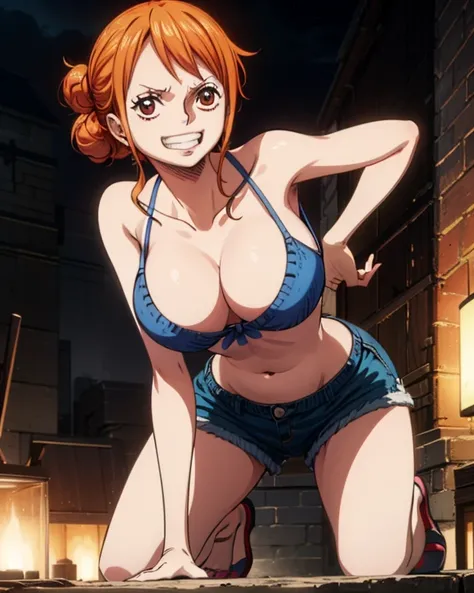 (最高masterpiece,  best quality, 4K, 8k,  high resolution,masterpiece:1.2), Nami in One Piece,smile, crouch, pushes up her butt 