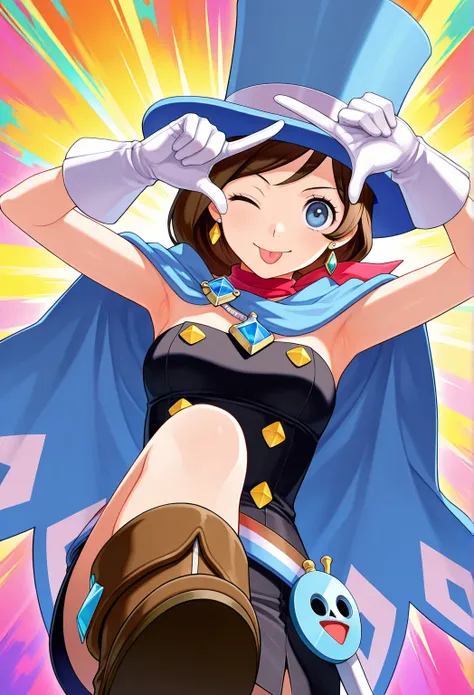 high resolution picture, masterpiece, best quality, amazing quality, official art, solo, 1girl, trucy wright from ace attorney, 1girl,  brown hair, blue eyes, top hat, white gloves, boots, scarf, earrings, small breasts,               score_9, score_8_up, ...