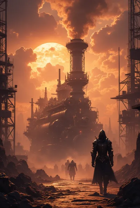 (Fantasy steampunk, a flashy, cool, gorgeous, magical steam engine, horizontal scene of a knight wearing a hood walking in an industrial area of a city)(Big city, lots of rebar、steel frame、Steel tower  、brass、gear、 )Distant landscape photo   、 Beautiful Su...