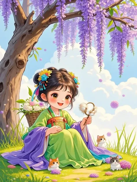 Colored pencils，     Fairy Tale     ， Hand Painted Texture     ，Exquisite，     very cute ，    Photo sitting in a park，[[tremble ， Blue sky and white clouds，warmth，      Vivid Color      ，three dimensional，      HD    , Apple tree， Wisteria