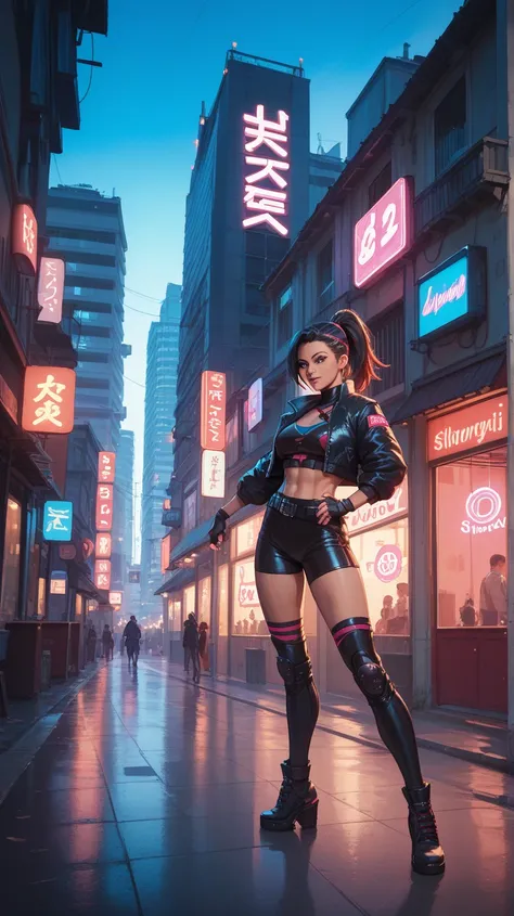 a shadow ninja girl standing at the top of building, neon light background