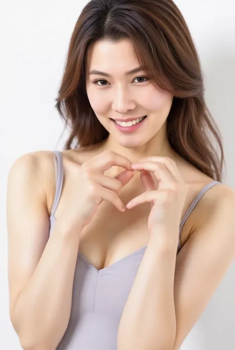  Super Fine、Picture of her face 、 and she has a smile showing her teeth, I&#39;m wearing a camisole,  posing with her hands crossed in the shape of a heart in front of her chest、The background is plain 、    high definition 、細部にわたって   high definition 