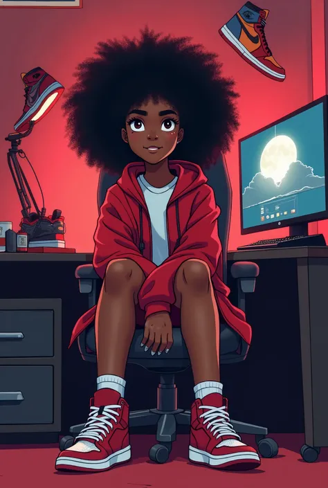 I would like an brown skinned animated character sitting by a gaming set up with a pair of air Jordans on their feet
there must be sneakers in the background and the character is female but dressed like a boy with curly hair