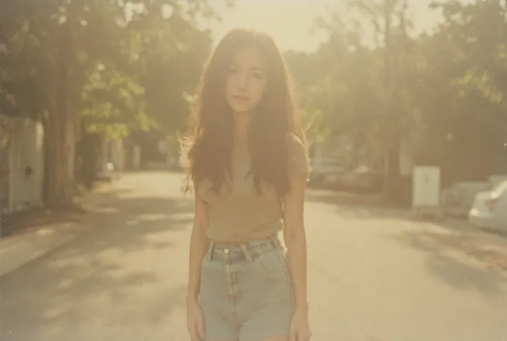 Grainy vignette of a ravishing Blurred image Japanese cute school girl, circa 1990, bathed in warm sunlight and soft focus. She stands confidently on the sidewalk, hands tucked into worn jeans pockets, exuding effortless charm. The faded frame's gentle haz...