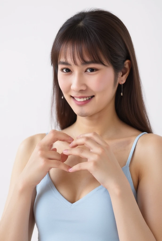  Super Fine、Picture of her face 、 and she has a smile showing her teeth, I&#39;m wearing a camisole,  posing with her hands crossed in the shape of a heart in front of her chest、The background is plain 、    high definition 、細部にわたって   high definition 