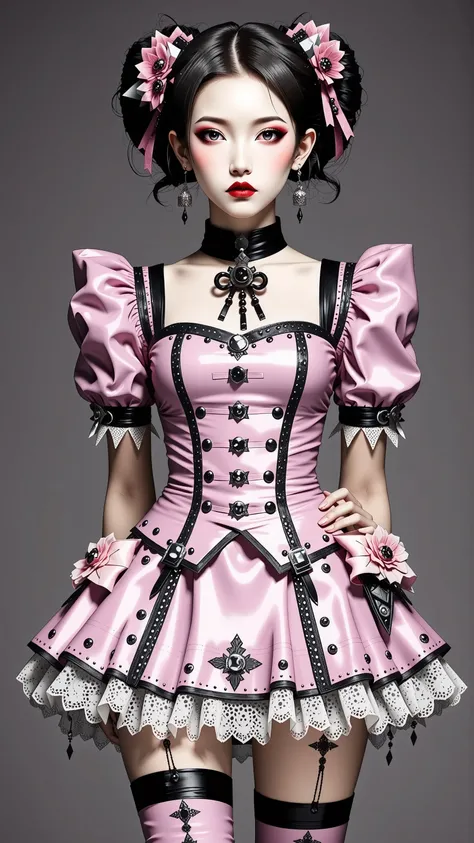 Goth, pink Lolita dress, thigh highs, pink knee high latex boots, asian girl . Very kawaii , round face . alone , Slim , big breasts , cleavage, short and small . shiny skin . dynamic poses . dynamic angle . No background , White background , black backgro...