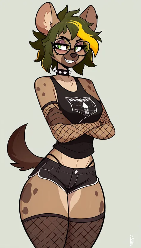 masterpiece, best quality, seductive expression, 1girl, anthro, furry, fur, fluffy fur, hyena girl, furry, hyena ears, animal nose, eyes makeup, green eyes, hyena tail, green hair (yellow Highlights), medium hair, messy hair, half-closed eyes, medium breas...