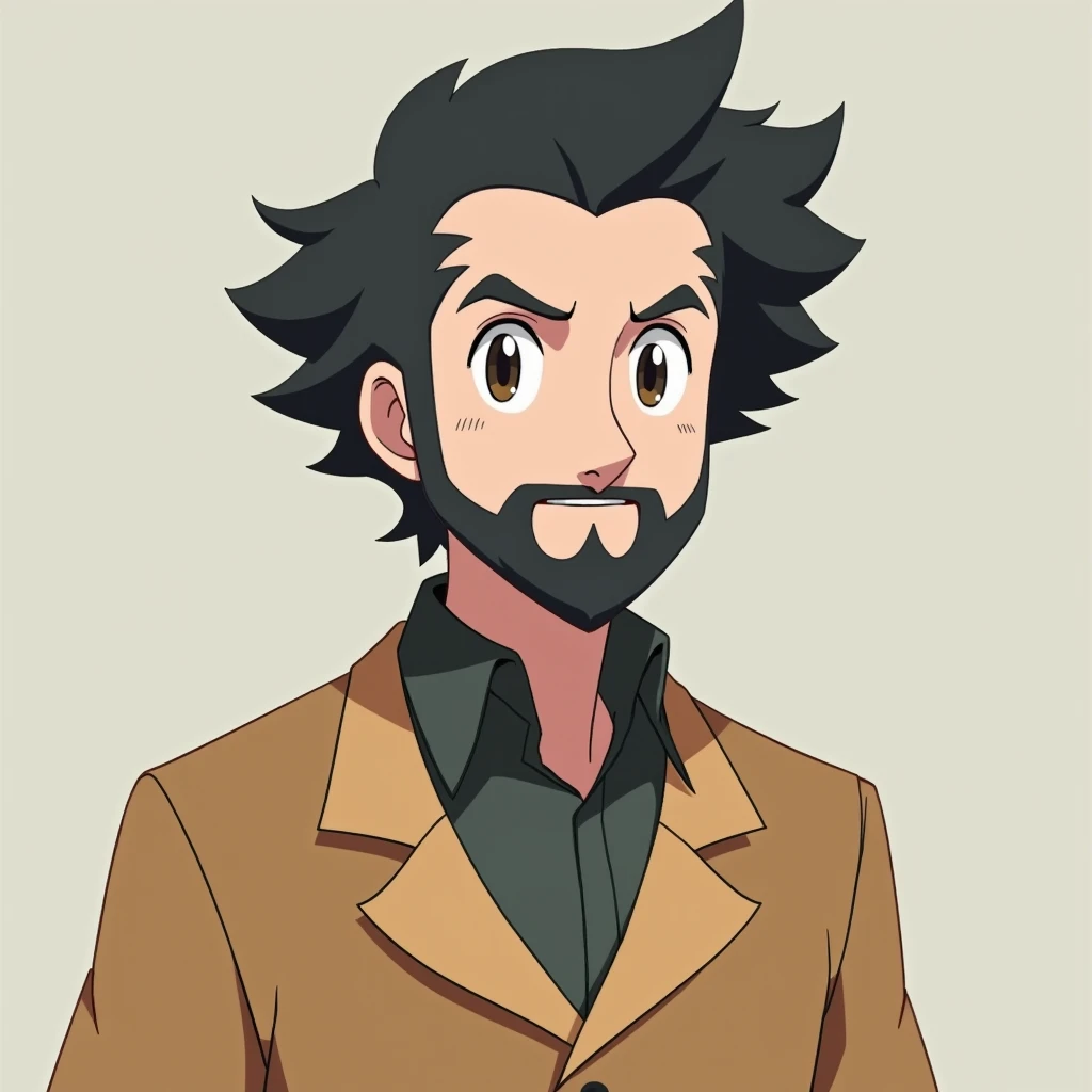 Pokémon teacher, short beard,  dark hair ,  solids design, gently firm figure 