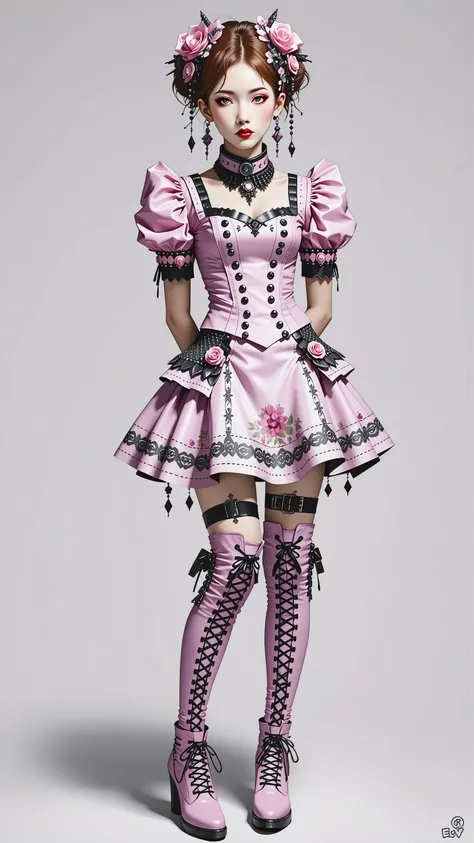 Goth, pink Lolita dress, thigh highs, pink knee high latex boots, asian girl . Very kawaii , round face . alone , Slim , big breasts , cleavage, short and small . shiny skin . dynamic poses . dynamic angle . No background , White background , black backgro...