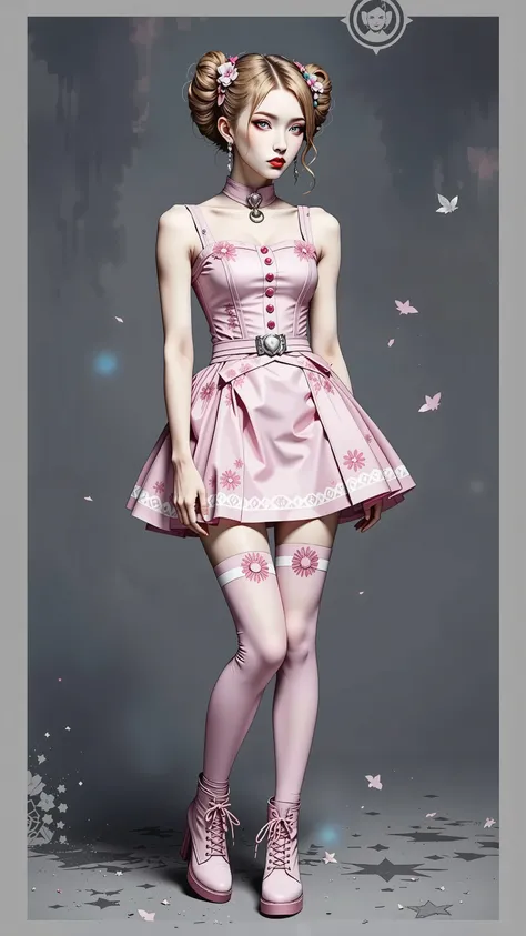 Goth, pink Lolita dress, thigh highs, pink knee high latex boots, asian girl . Very kawaii , round face . alone , Slim , big breasts , cleavage, short and small . shiny skin . dynamic poses . dynamic angle . No background , White background , black backgro...