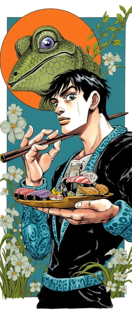  male only, male focus, pale skin, short black hair, black and blue outfit with patterned texture, holding sushi, wide eyes and open mouth, exaggerated expression, holding a staff with a curved handle, inset image of a lizard's face, intriguing composition...