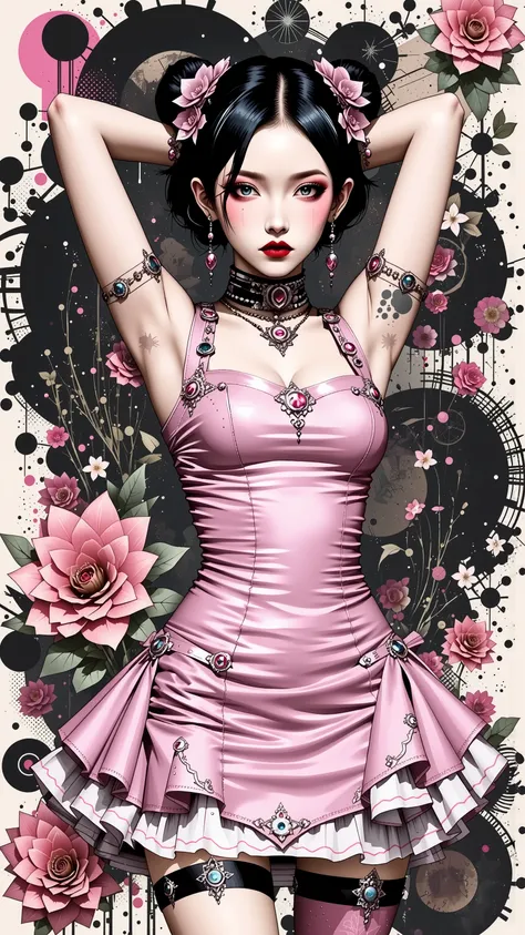 Goth, pink Lolita dress, thigh highs, pink knee high latex boots, asian girl . Very kawaii , round face . alone , Slim , big breasts , cleavage, short and small . shiny skin . dynamic poses . dynamic angle . No background , White background , black backgro...