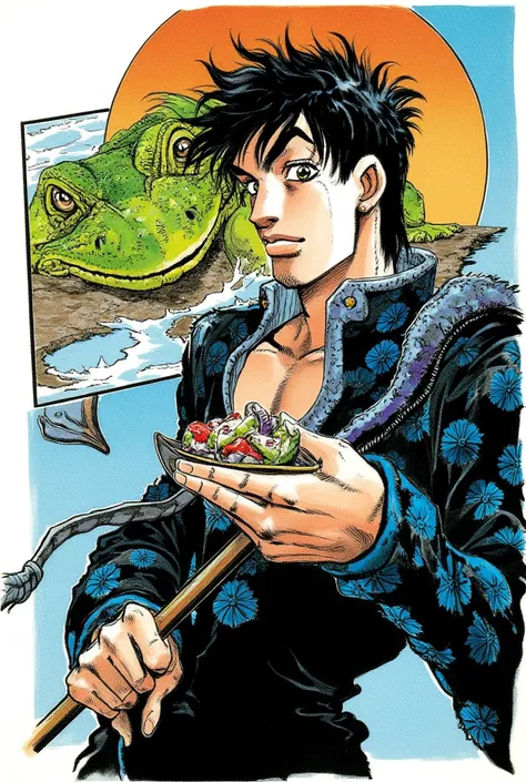  male only, male focus, pale skin, short black hair, black and blue outfit with patterned texture, holding sushi, wide eyes and open mouth, exaggerated expression, holding a staff with a curved handle, inset image of a lizard's face, intriguing composition...