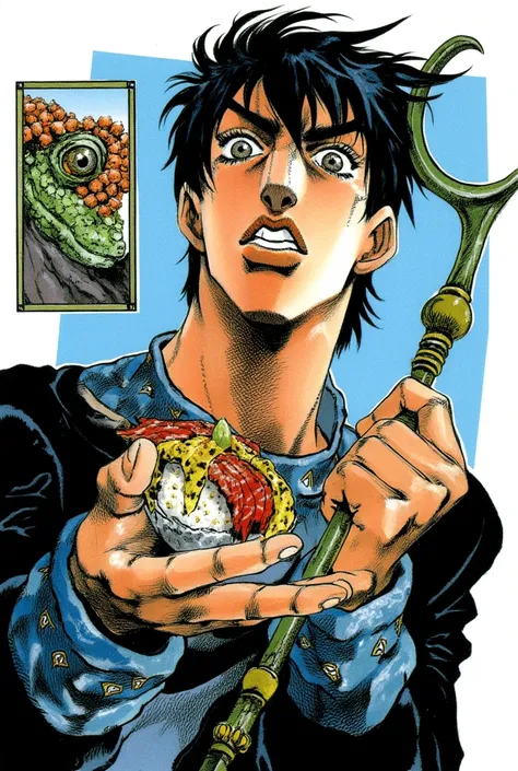  male only, male focus, pale skin, short black hair, black and blue outfit with patterned texture, holding sushi, wide eyes and open mouth, exaggerated expression, holding a staff with a curved handle, inset image of a lizard's face, intriguing composition...