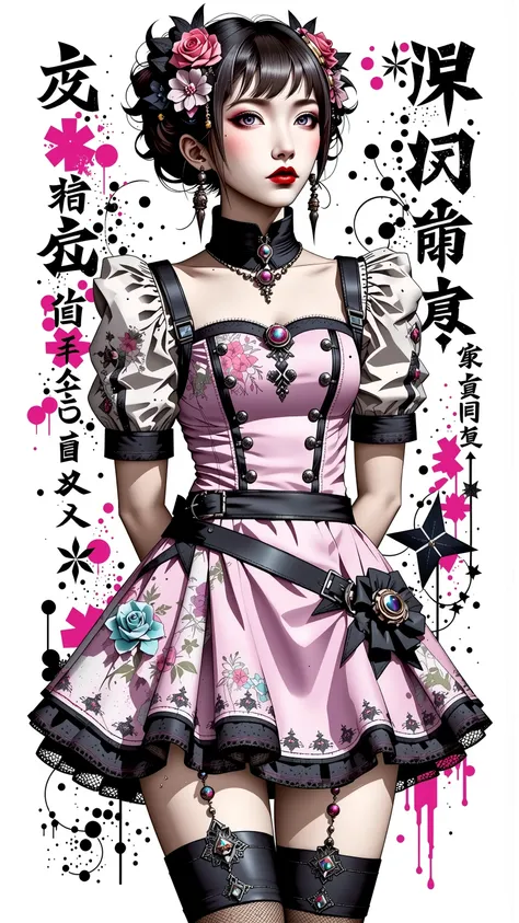 Goth, pink Lolita dress, thigh highs, asian girl . Very kawaii , round face . alone , Slim , big breasts , cleavage, short and small . shiny skin . dynamic poses . dynamic angle . No background , White background , black background, (eyes looking to one si...