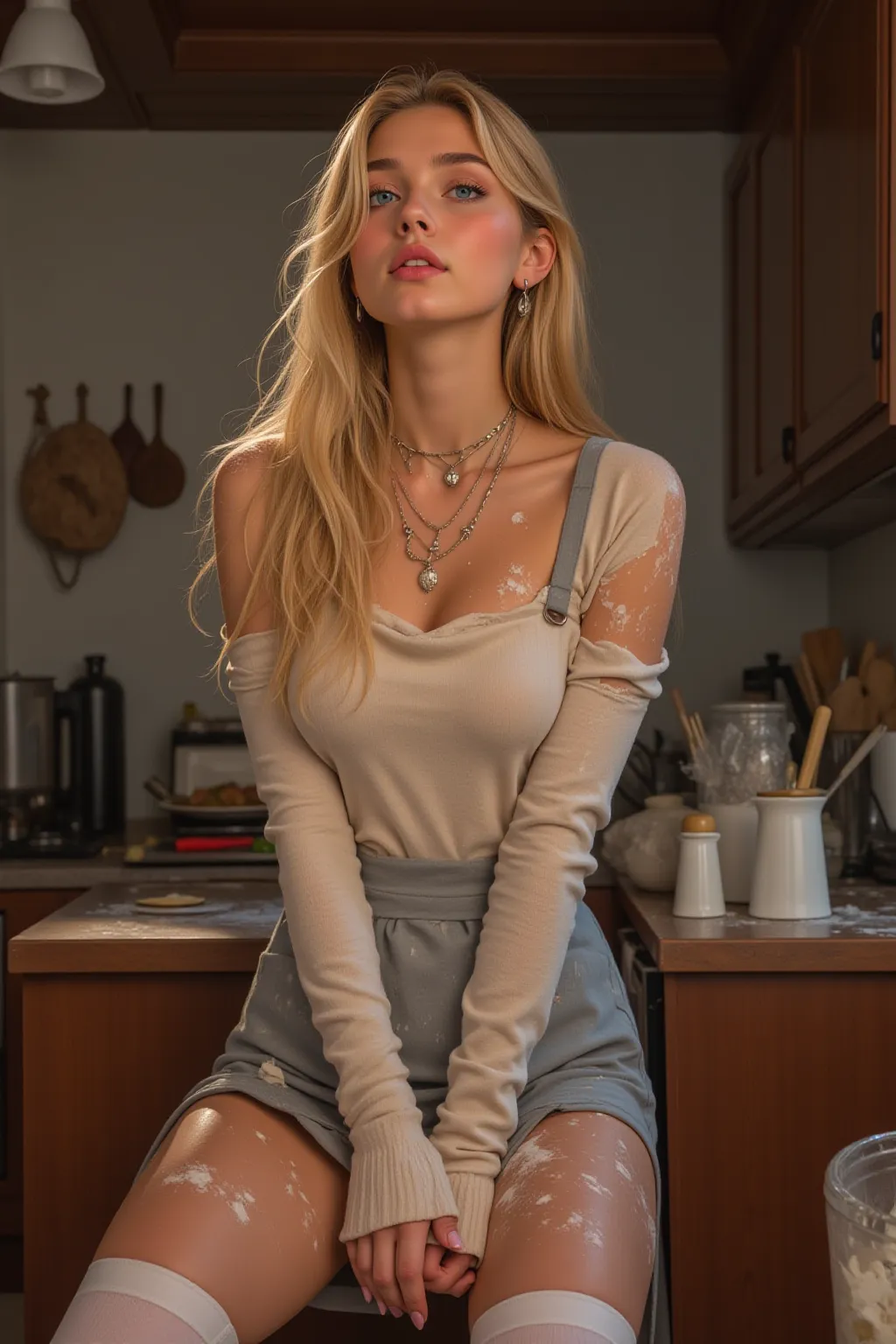 Realistic photo , long blonde hair, bright blue eyes, sweater, apron, tall socks. and skirt, long necklaces, earrings, bra peek

She is covered in mess, baking, flour, in a kitchen at dinner, show her lips, Peaceful environment and body. Vibrant colors.  B...