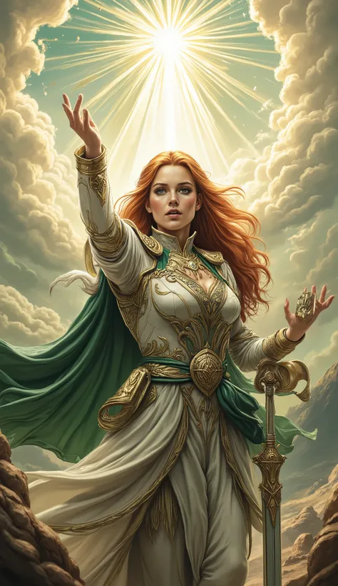 female human, (Masterpiece 1.5, intense details)cleric, paladin, (Masterpiece 1.5, intense details), casting a spell (Masterpiece 1.3, intense details),wearing white armor (Masterpiece 1.2, intense details), green cloak with sun symbol, flowing (Masterpiec...