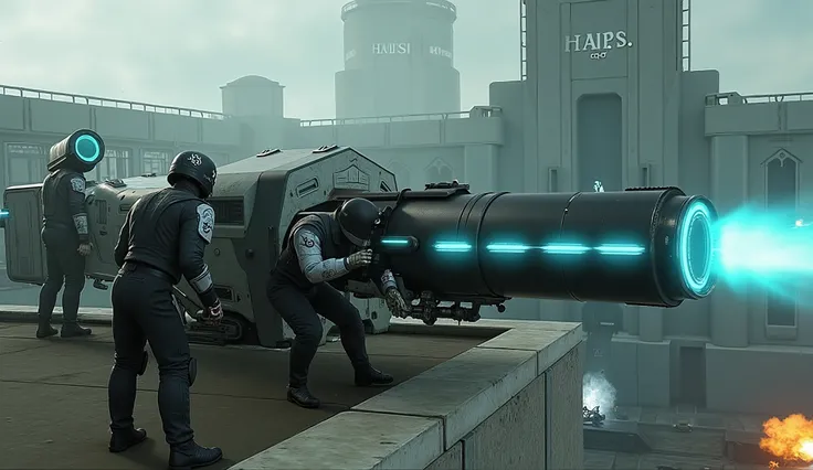 A medium shot captures a group of **Robo-Cop guards** atop the **H.A.P.S. prison walls**, working in sync as they load a massive **artillery cannon.** The cannon’s sleek, black frame is embedded with glowing **cyan energy lines** that pulse faintly as it c...