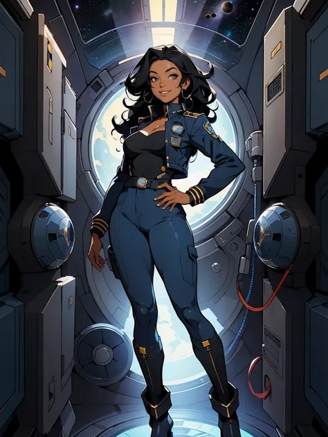 Full body of a beautiful African American woman,  with a mischievous smile,  extremely long and curly black hair, space officer, low neckline, sexy officer blue uniform on buttons, jacket unbuttoned, in a dark compartment of a spaceship