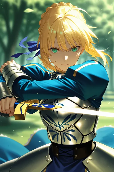 masterpiece, best quality, 2.5D, realistic, ,weapon, holding sword, 1girl, saber, fate_(series), 1girl, blonde_hair, green_eyes, tied hair