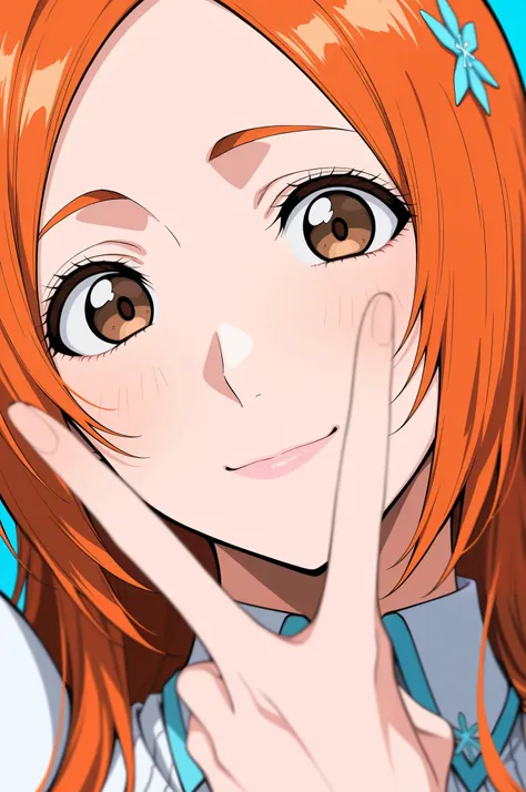 masterpiece, best quality, amazing quality, very aesthetic, absurdres, newest,highly detailed,highres,close-up portrait, female, woman, inoue orihime,hair clip,orange hair,long hair,brown eyes,fair skin,Shiny skin,pink lips,white collared shirt,simple back...