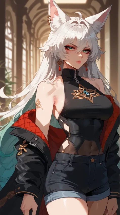Feixiao style,  perfect eyes,  perfectly sexy face, ultra detailed,  ultra perfect eyes,  big beautiful woman , standing, Body, standing,  animal ears,  long hair, rabo de cavalo,  multicolored hair ,  white hair, mark on the head,  ear piercing, black sho...