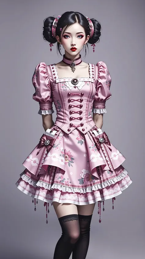 Goth, pink Lolita dress, thigh highs, asian girl . Very kawaii , round face . alone , Slim , big breasts , cleavage, short and small . shiny skin . dynamic poses . dynamic angle . No background , White background , black background, (eyes looking to one si...