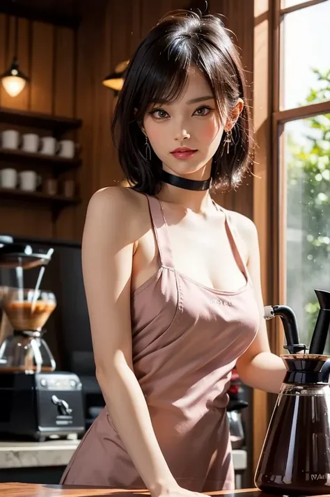 ((cowboy shot)), from front, look at viewer, (coffee siphon focus), nsfw, 
(((Vintage coffee siphon on the counter:1.4))), 
(((beautiful female barista standing behind a vintage coffee siphon:1.5))), 
(((extremely detailed metal and glass))), 
(((steam ris...