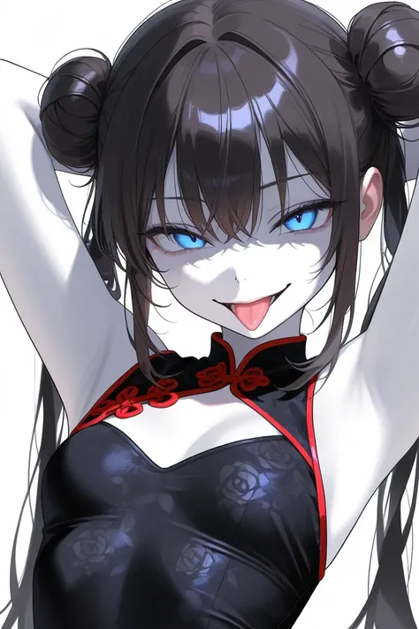 (Best Picture Quality, Background Detail), Best Picture Quality, Original Detail Dynamic Art, Anatomically Correct, Tongue Out, Blue Eyes, Waist View, Aside, One Girl, Provocative Gaze, Evil Smile, White Skin, Twin-tailed Bun, Dark Hair, (Arms Crossed Behi...