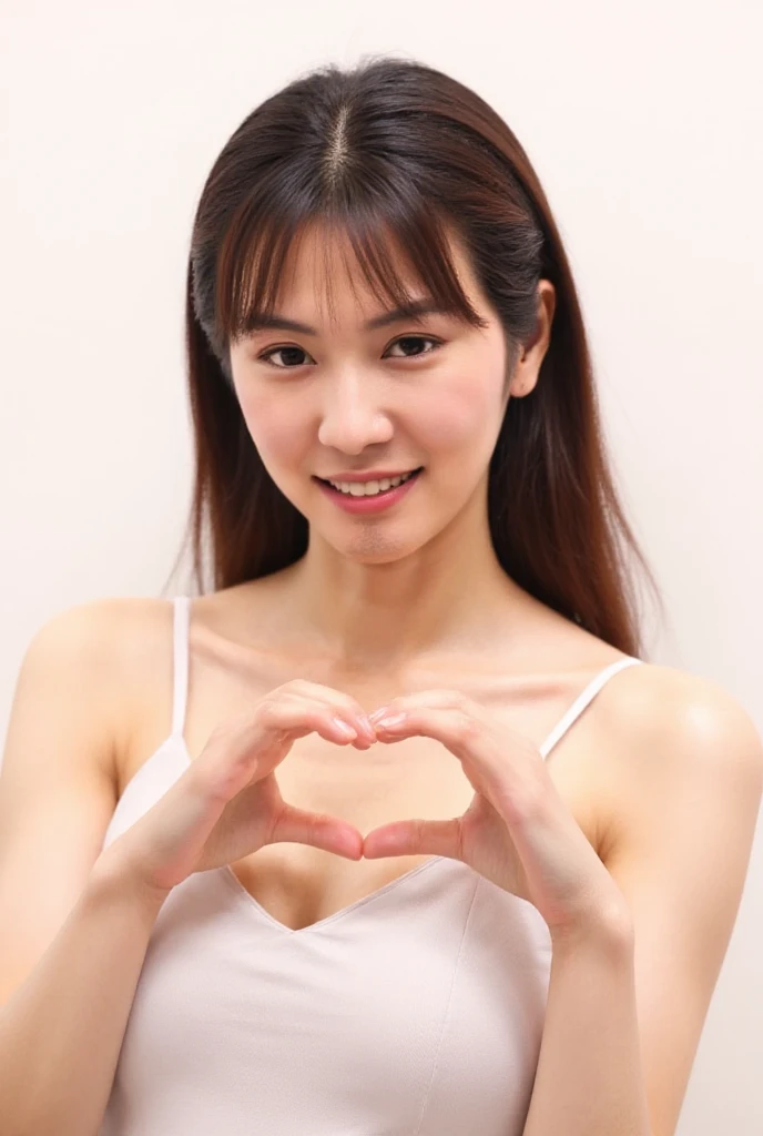  Super Fine、Picture of her face 、 and she has a smile showing her teeth, I&#39;m wearing a camisole,  posing with her hands crossed in the shape of a heart in front of her chest、The background is plain 、    high definition 、細部にわたって   high definition 