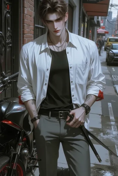 A tall man with an athletic build, muscular, board shoulders, curl messy dark brown hair tousled in an effortlessly. deep brown eyes radiate a mysterious and intense gaze. wears a white shirt and grey long pants, with red accents on the cuffs and collar. U...