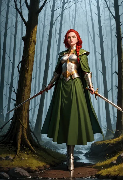 score_9, score_8_up, score_7_up, score_6_up, score_5_up, score_4_up, fantasy art, RPG art, fantasy art, RAW, photorealistic, a portrait of female human ranger, the ranger, an exquisite beautiful human woman, long red hair, braided hair, green eyes, wearing...