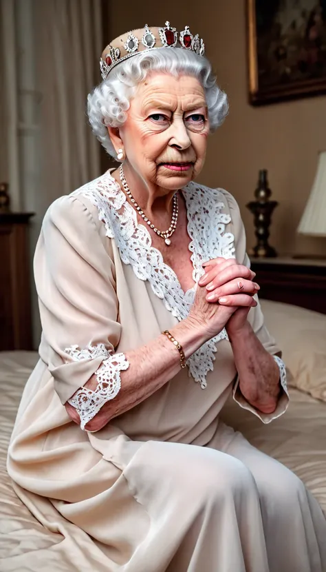 (queen elizabeth 80yo crouched on bed:1.4) (hands clasped in prayer:1.3), (covered in cum:1.5), (huge cleavage:1.5), huge nipples, (gigantic saggy breast:1.4), (chiffon beige nightgown with lace design:1.5), masterpiece
