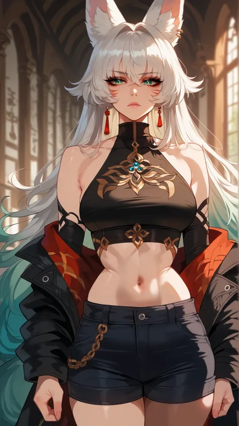 Feixiao style,  perfect eyes,  perfectly sexy face, ultra detailed,  ultra perfect eyes,  big beautiful woman , Body, standing,  animal ears,  long hair, rabo de cavalo,  multicolored hair ,  white hair, mark on the head,  ear piercing, black shorts,  look...