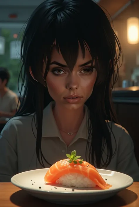 Woman sitting in a restaurant looks at a sushi plate with her eyes full of tears.