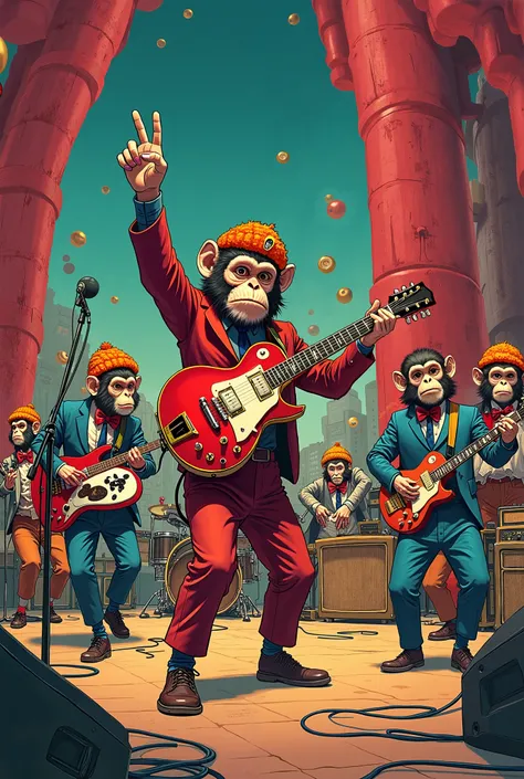 A musical band of monkeys playing in a bottomless manga style show