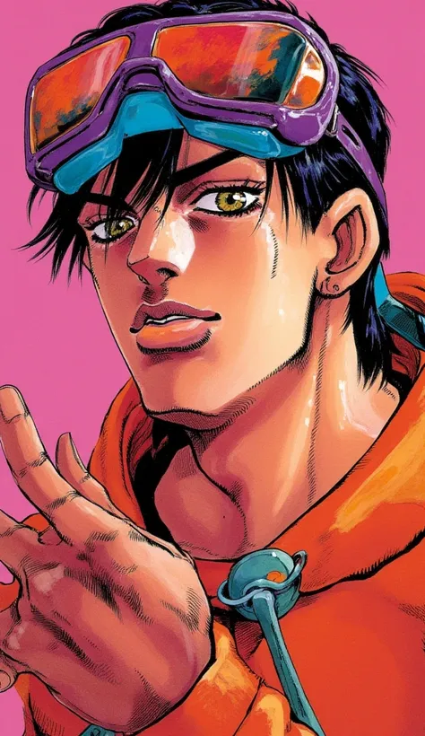  blunt bangs, bell, goggles, male, male only, hoodie, sweatshirt, vibrant color, smirk, Eye half closed, Pride pose, Surrealism, 8k, super detail, jojo bizarre adventure style