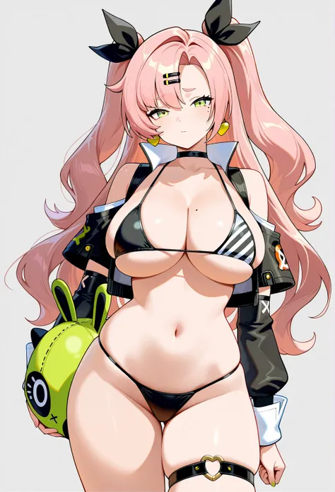 high resolution picture, masterpiece, best quality, amazing quality, official art, solo, 1girl,  Nicole Demara from Zenless Zone, 1girl, Demara, long hair, pink hair, bangs, ribbon, hairclip, green eyes, mole under eye, big breasts, mole on breast, midriff...