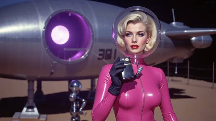 A woman from the 50s , blonde, dressed in a cosmonaut costume in metallic pink patent leather ,  is standing in front of an alien structure that emits a faint purple glow.  Her translucent helmet shows her perfectly combed blonde hair ,  and a light inside...