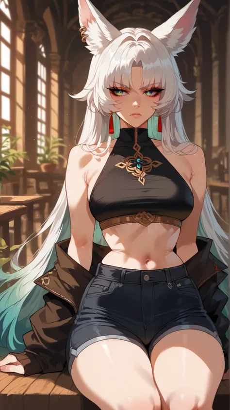Feixiao style,  perfect eyes,  perfectly sexy face, ultra detailed,  ultra perfect eyes,  big beautiful woman , Body, sitting,  animal ears,  long hair, rabo de cavalo,  multicolored hair ,  white hair, mark on the head,  ear piercing, black shorts,  looki...