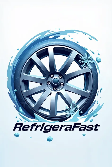 "Create a dynamic logo combining the image of a car wheel with a snowflake, representing speed and refrigeration. The wheel should have a modern, minimalist design, with snowflake elements in the center or edges, suggesting fast movement. Use cool colors l...