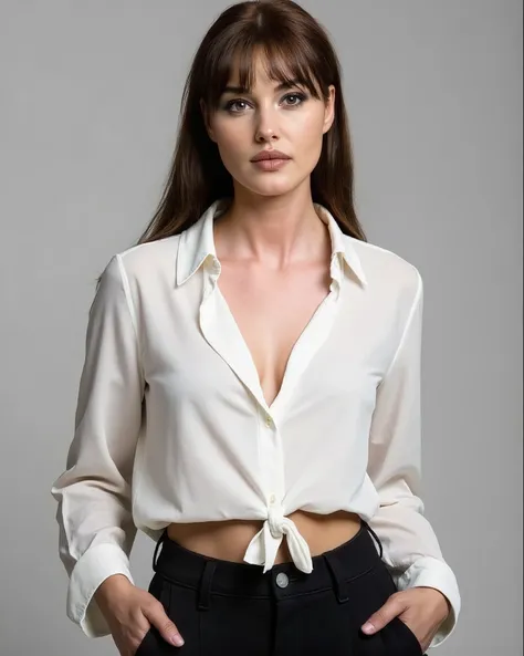 
young Caucasian girl, 25 years old, brown hair, hairstyle with bang,small breasts. Wearing White blouse with decolte,She's wearing black trousers and has her hands in her pockets.Full body,quality picture