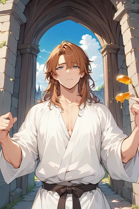 1 man, AS-Adult, Messy honey brown hair and bangs, Principle,  White clothes, beautiful, dispassionate, The beautiful, Condescending, weight loss, in a castle,  MEDIEVAL FANTASY 