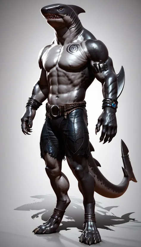 sharkman, anthro megalodon, darker hands and fins, black back, solo, bara, detailed skin, lizard shark hybrid, anthro, closed mouth, tribal polynesian tattoos, detailed shark skin, scalie arms, fins on arms, gray color body, thick scales on arms, digitigra...